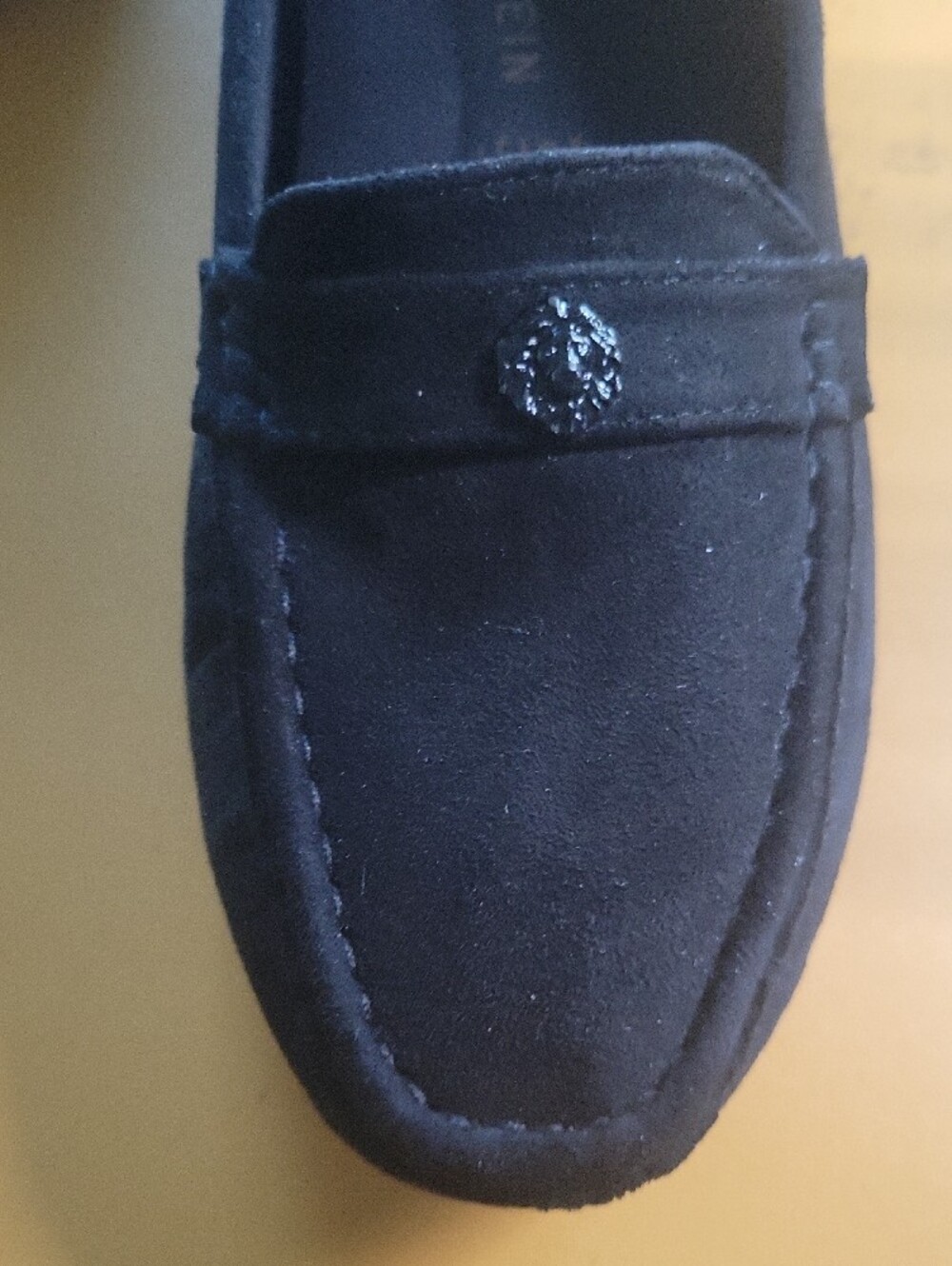 NWOT Anne Klein Black Suede Penny Loafers with Decorative Emblem - Picture 2 of 12